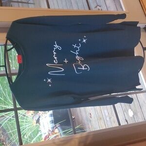 Ellen Tracy Holiday "Merry & Bright" Graphic Long Slv Dark Green Sz M Sweatshirt